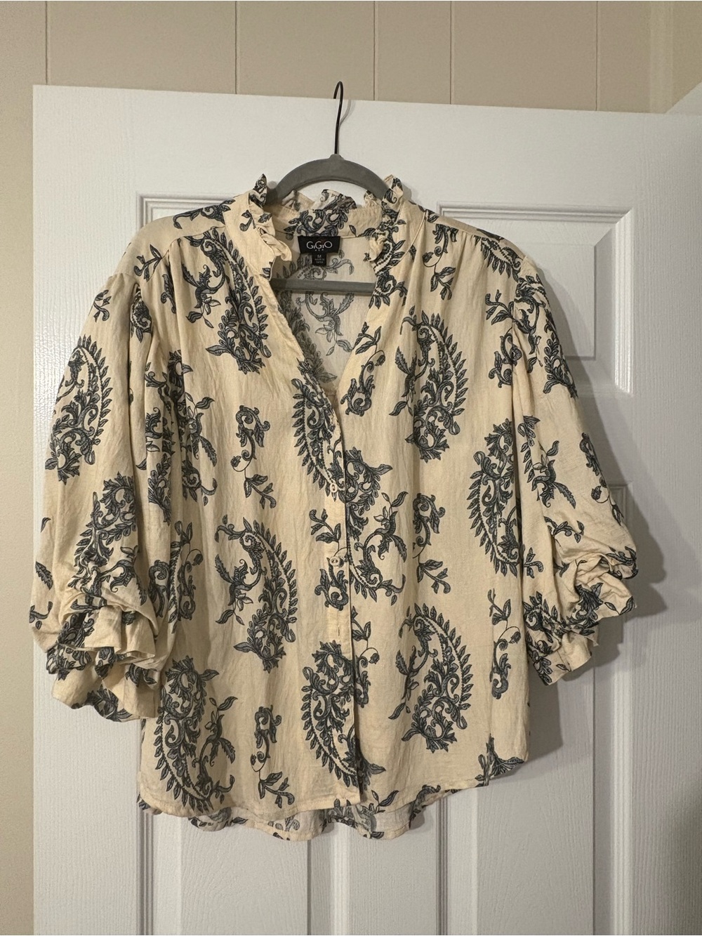 Cream Paisley Button-Down Ruffle Blouse